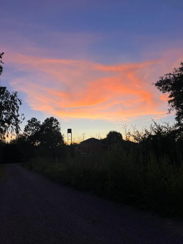 A pink and orange sunset over a country road