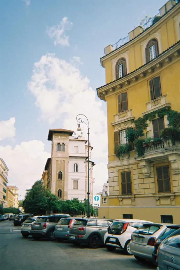 A sunny street in a European city, taken while traveling